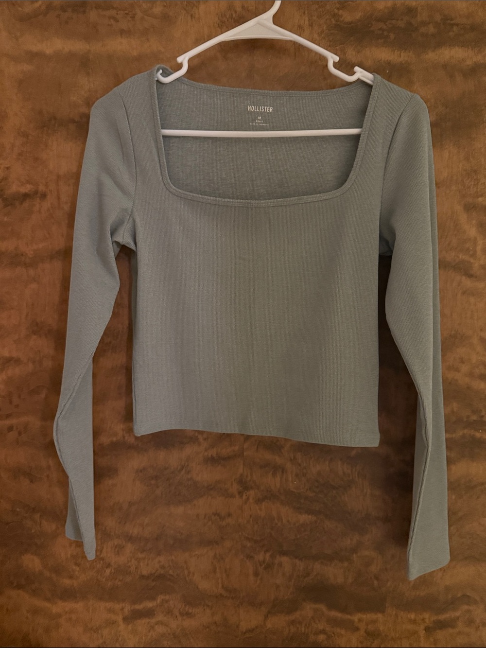 NWOT Hollister Green Grey Square Neck Ribbed Long-Sleeve Top - Medium Short